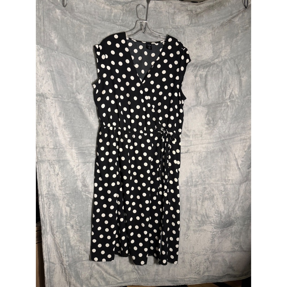 City Streets Womens XXL Black White Polka Dot Faux Wrap Midi Dress Sleeveless